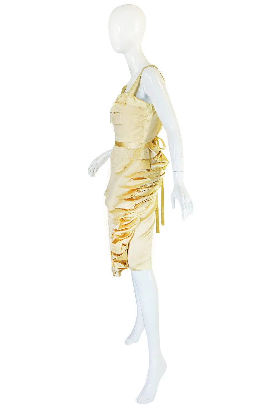 1950s Demi-Couture Pale Yellow Silk Satin Pleat Dress