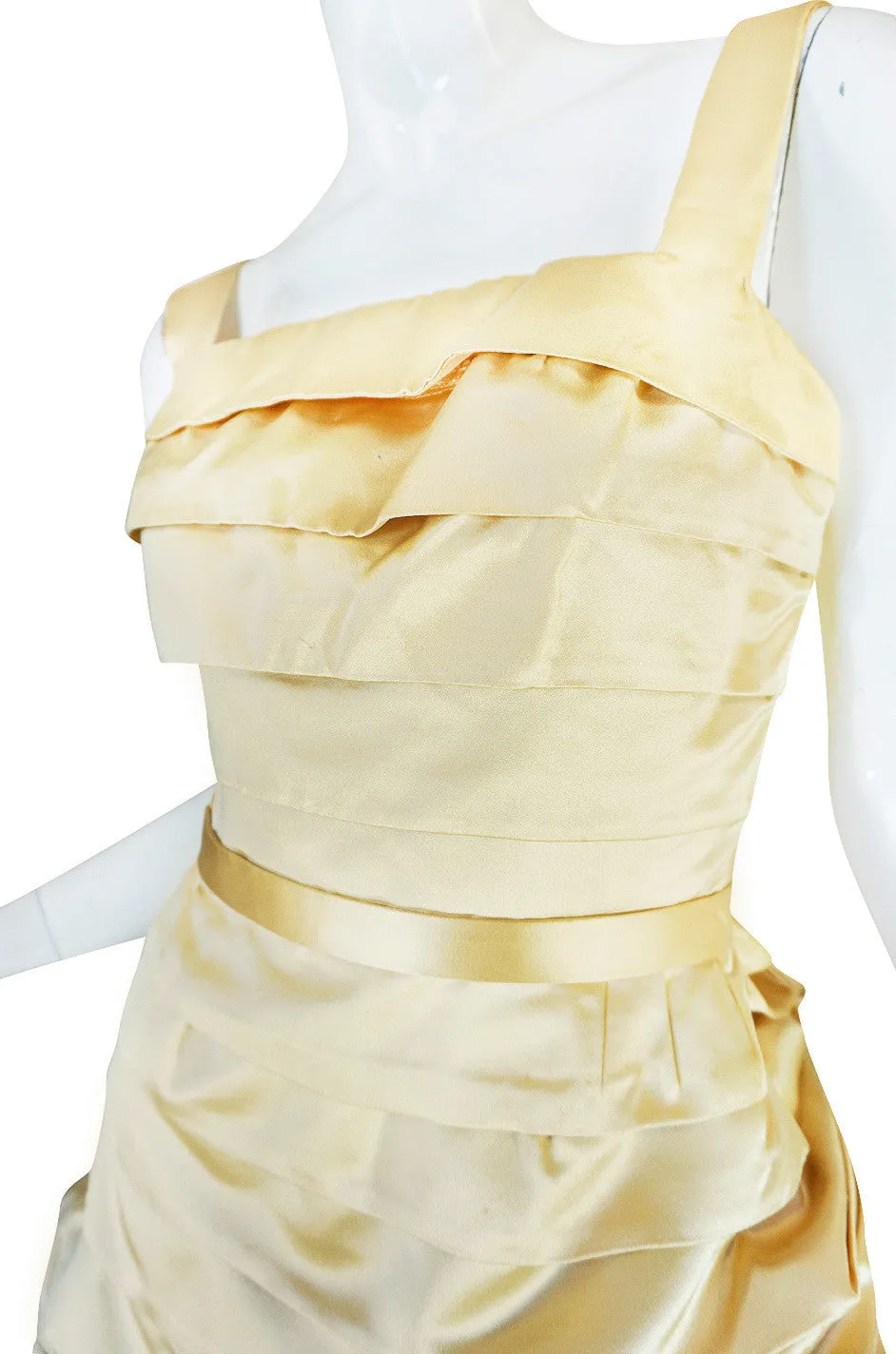 1950s Demi-Couture Pale Yellow Silk Satin Pleat Dress