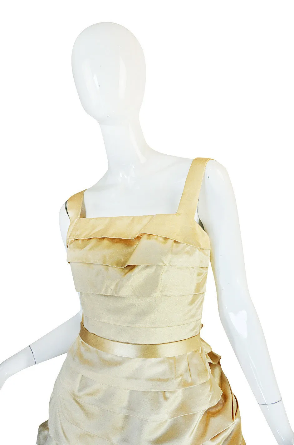 1950s Demi-Couture Pale Yellow Silk Satin Pleat Dress