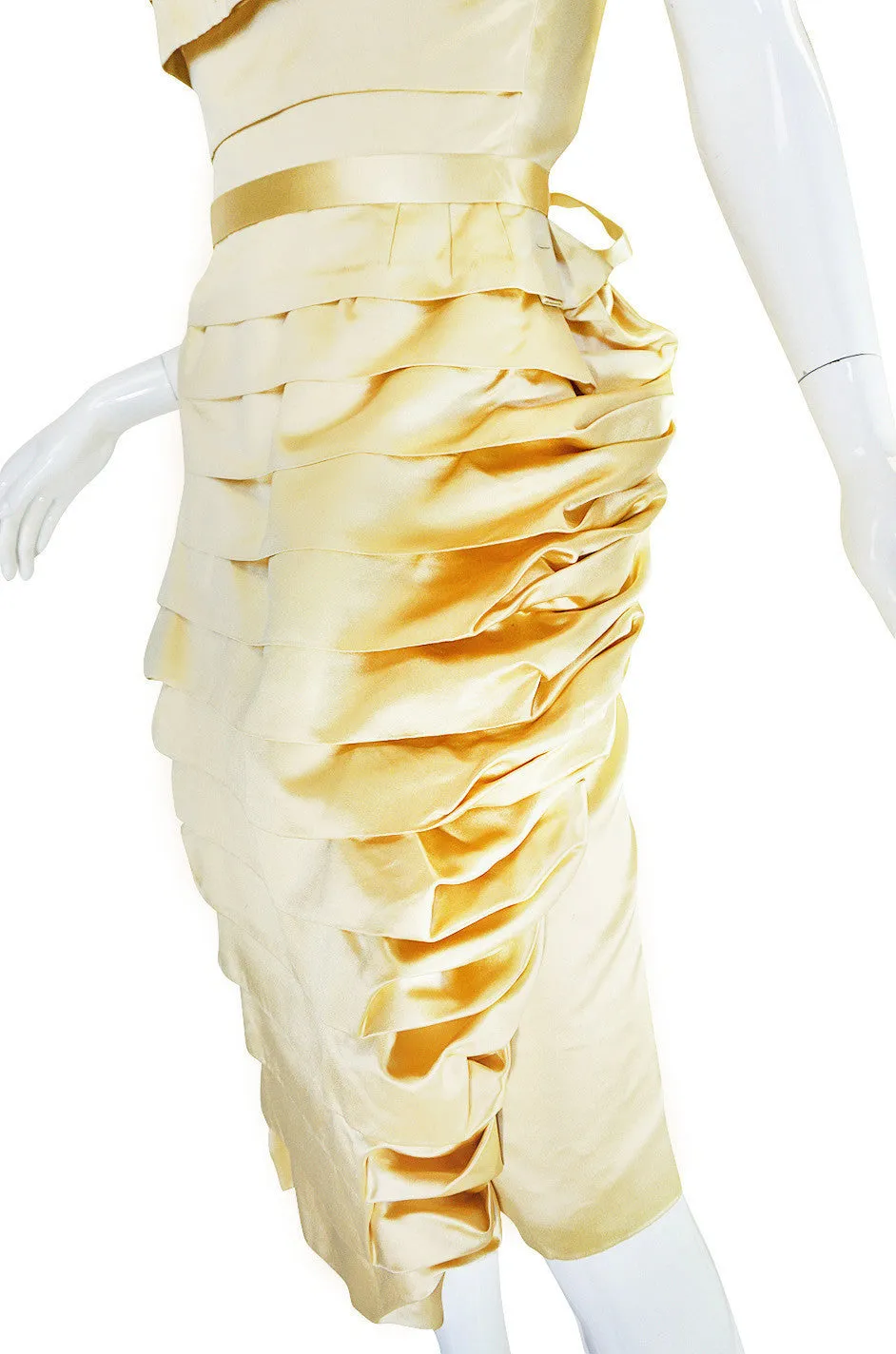 1950s Demi-Couture Pale Yellow Silk Satin Pleat Dress