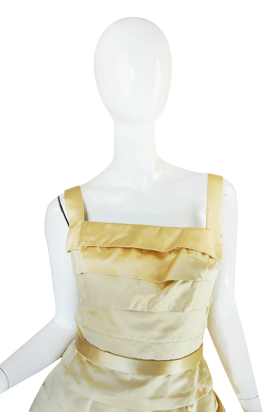 1950s Demi-Couture Pale Yellow Silk Satin Pleat Dress