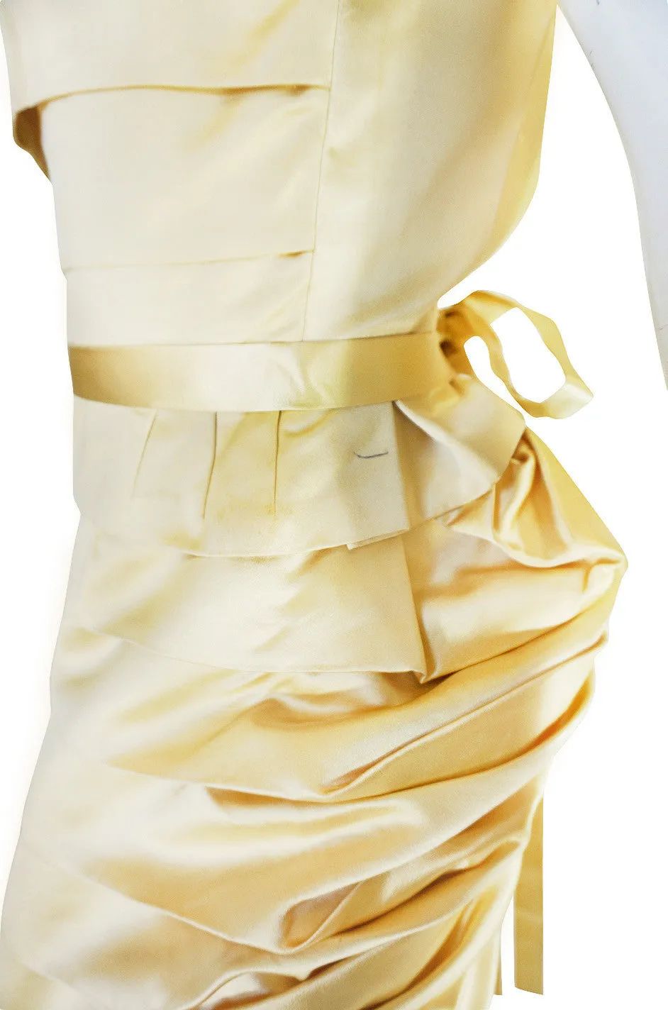 1950s Demi-Couture Pale Yellow Silk Satin Pleat Dress