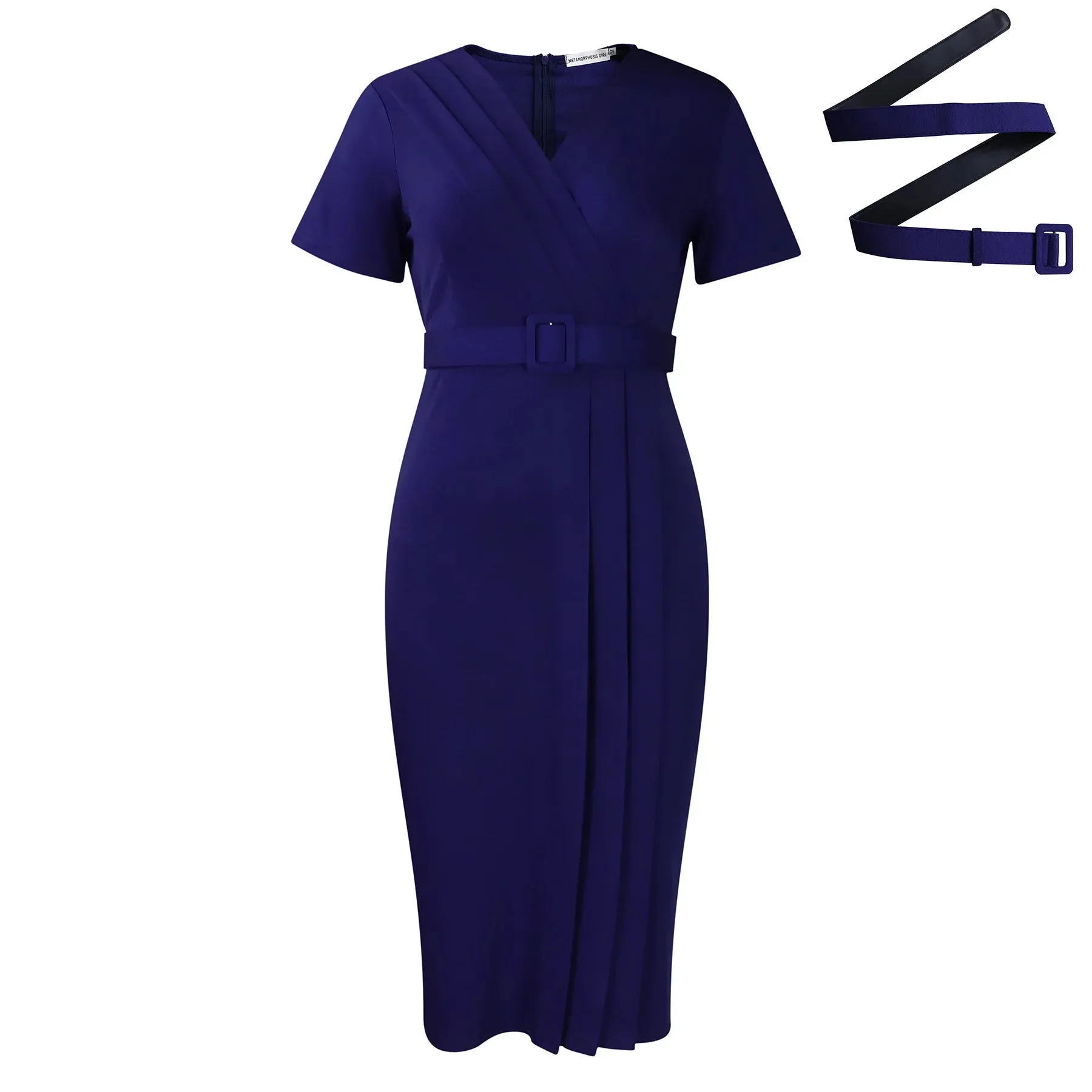 2024 summer new short sleeve V-neck waist solid color Tunle pencil skirt dress