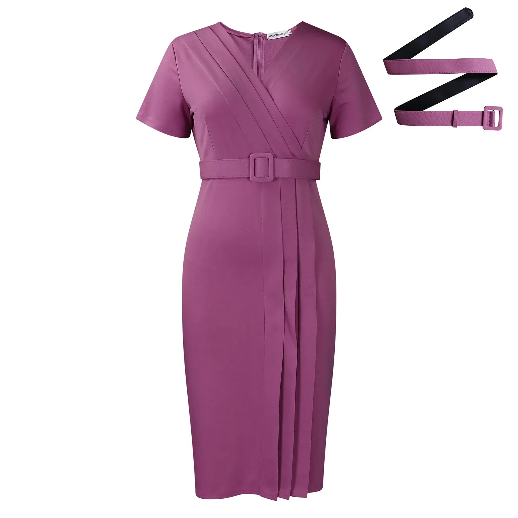 2024 summer new short sleeve V-neck waist solid color Tunle pencil skirt dress