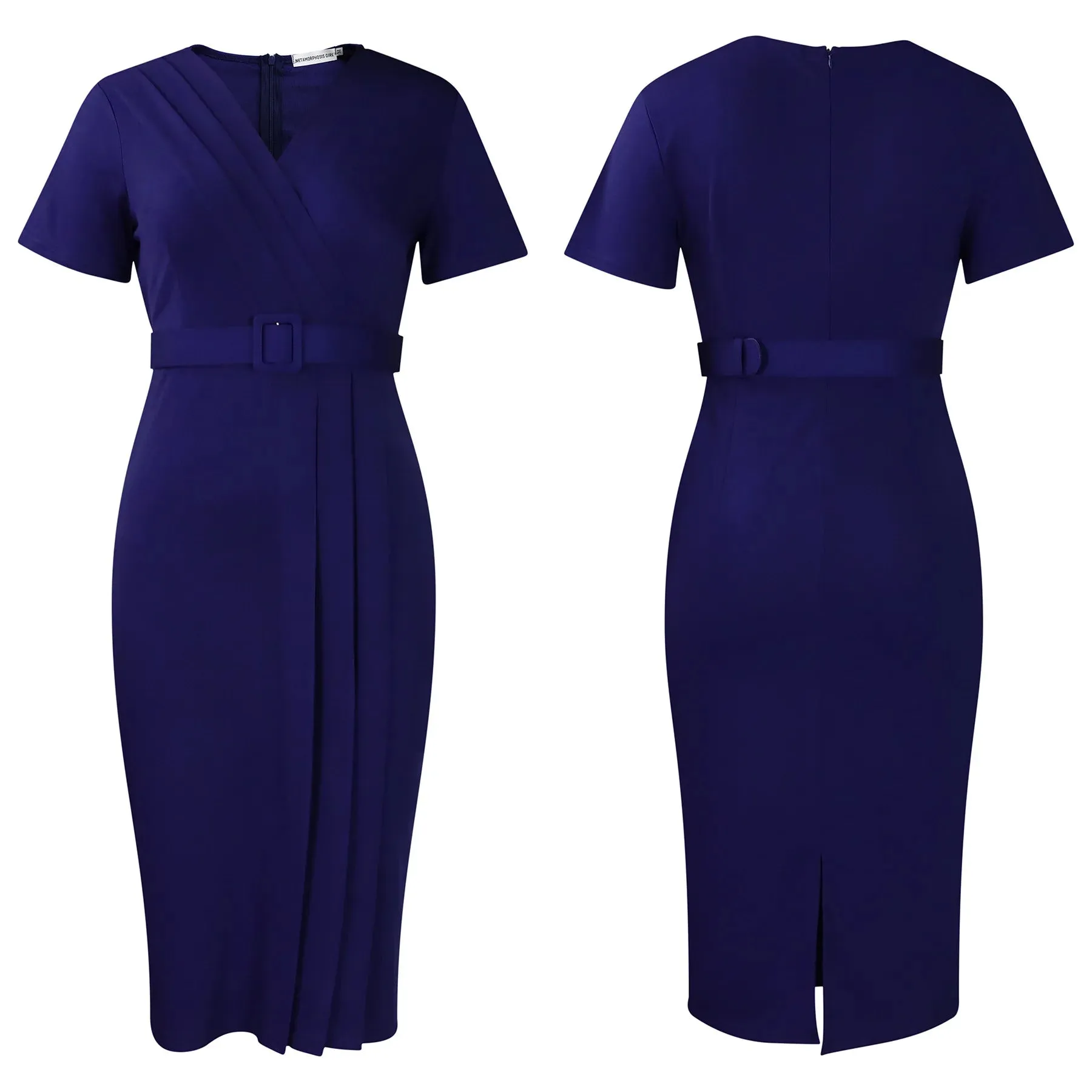 2024 summer new short sleeve V-neck waist solid color Tunle pencil skirt dress