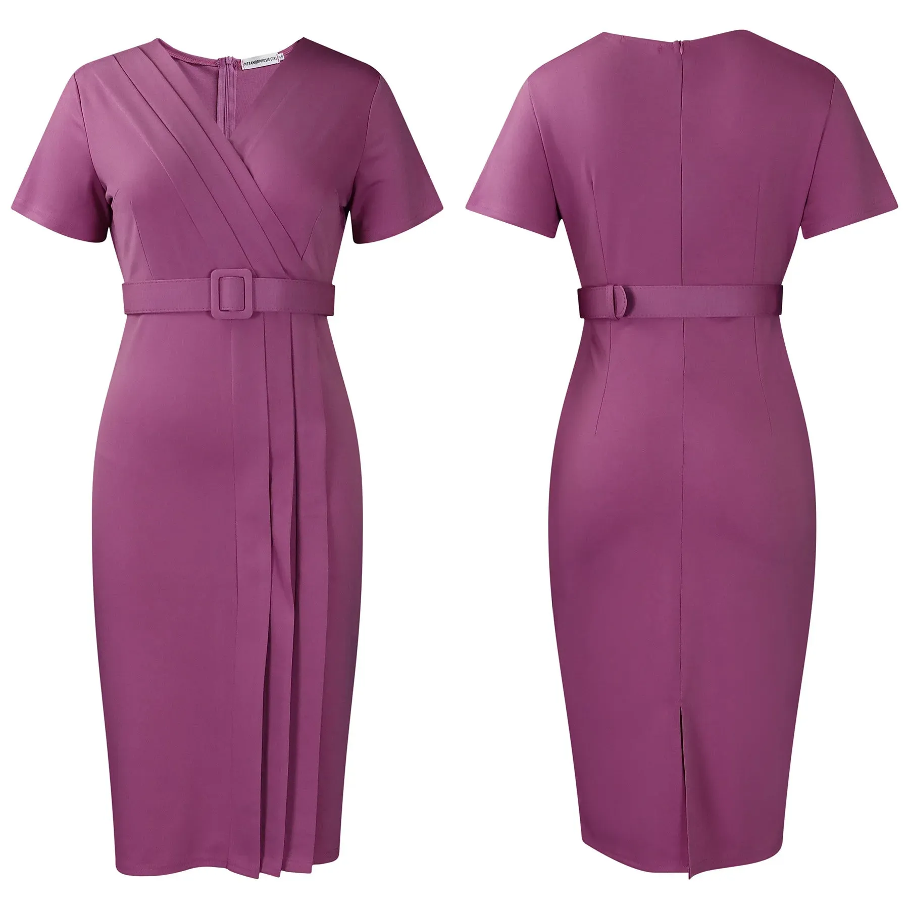 2024 summer new short sleeve V-neck waist solid color Tunle pencil skirt dress