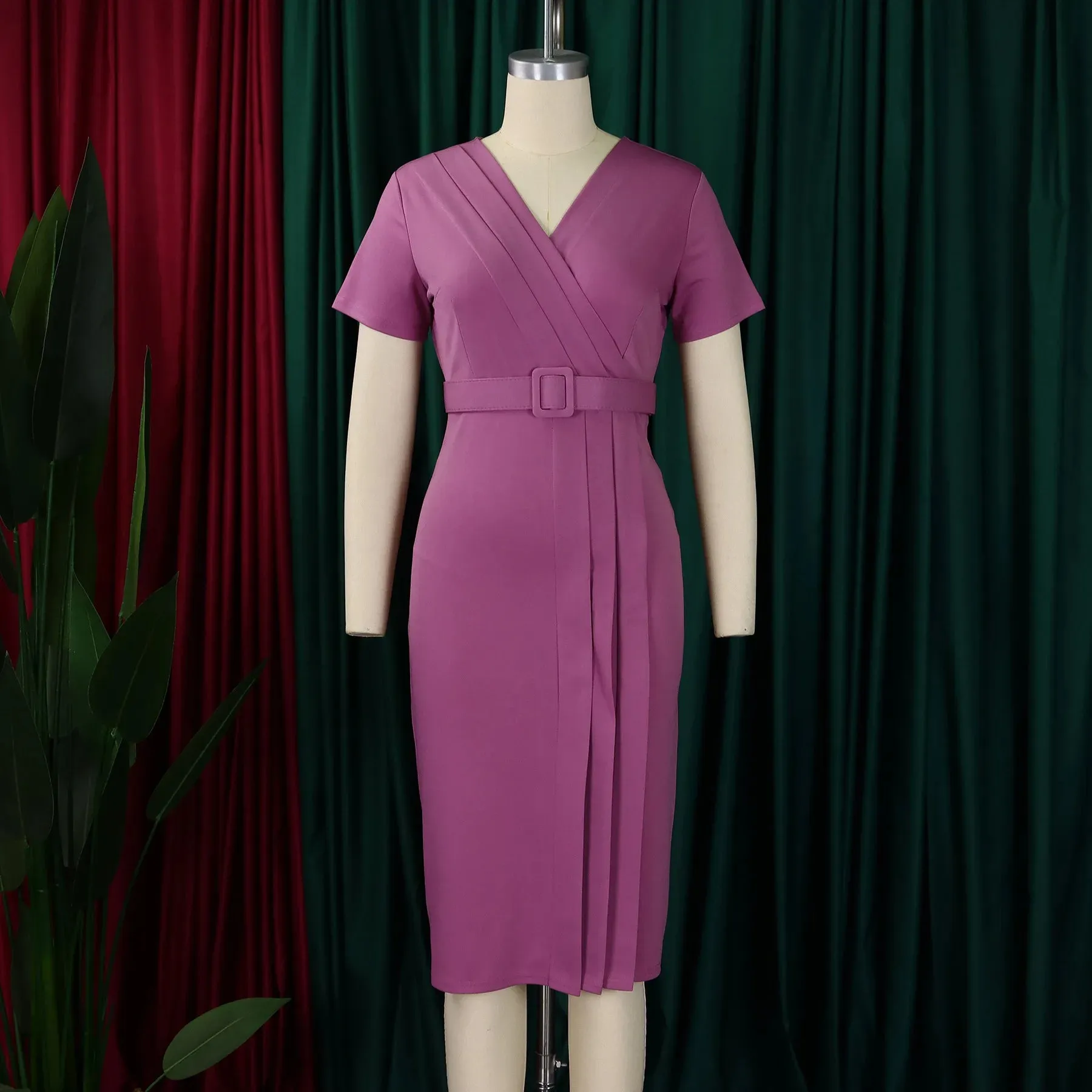 2024 summer new short sleeve V-neck waist solid color Tunle pencil skirt dress