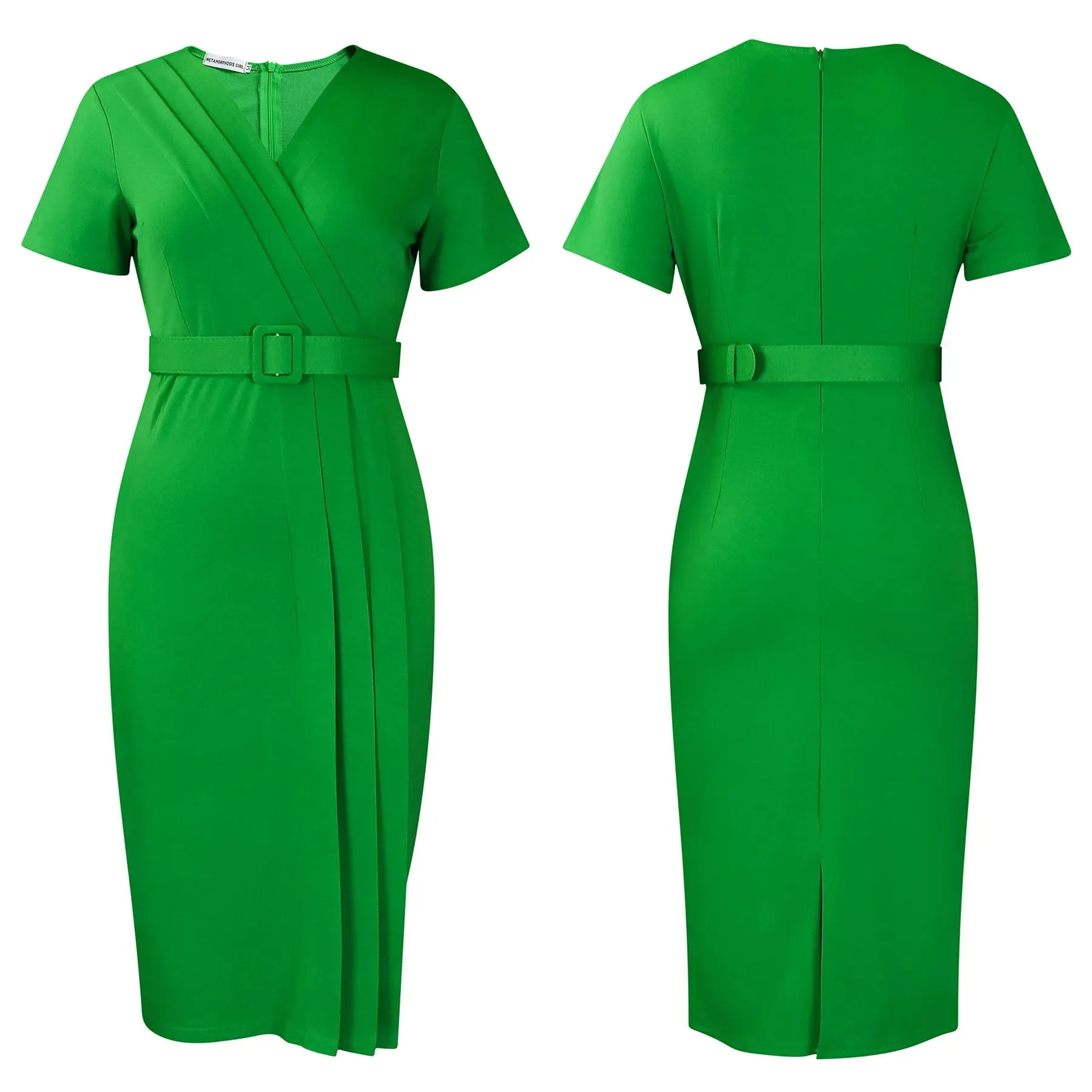 2024 summer new short sleeve V-neck waist solid color Tunle pencil skirt dress