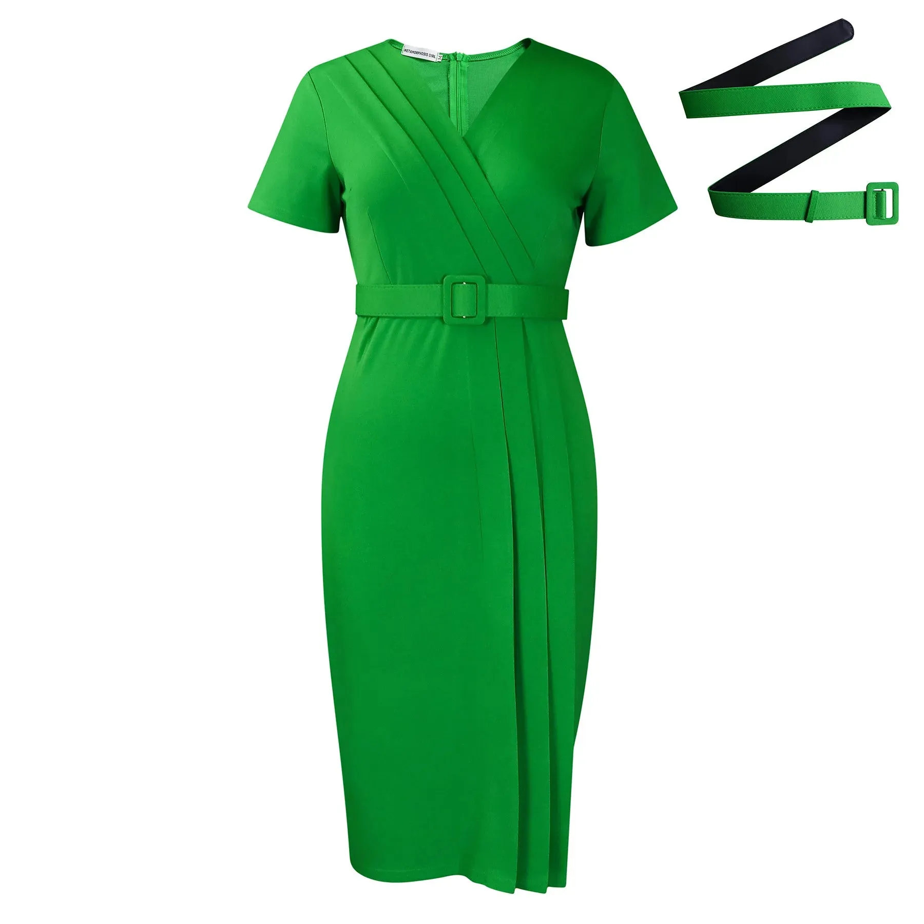 2024 summer new short sleeve V-neck waist solid color Tunle pencil skirt dress