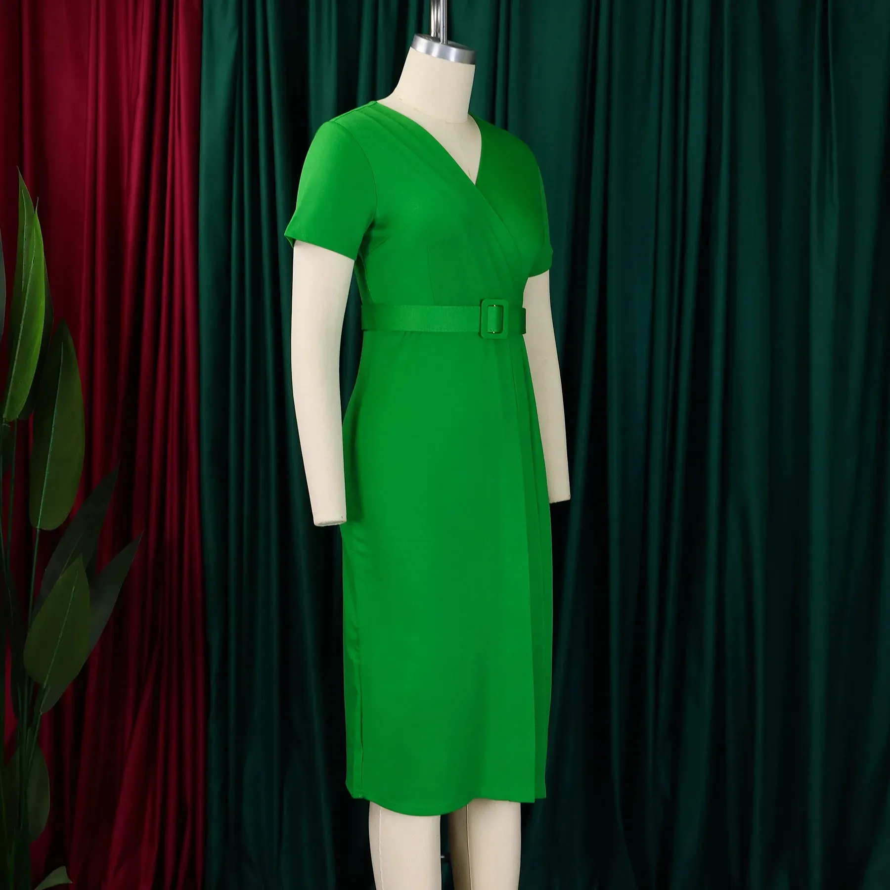 2024 summer new short sleeve V-neck waist solid color Tunle pencil skirt dress
