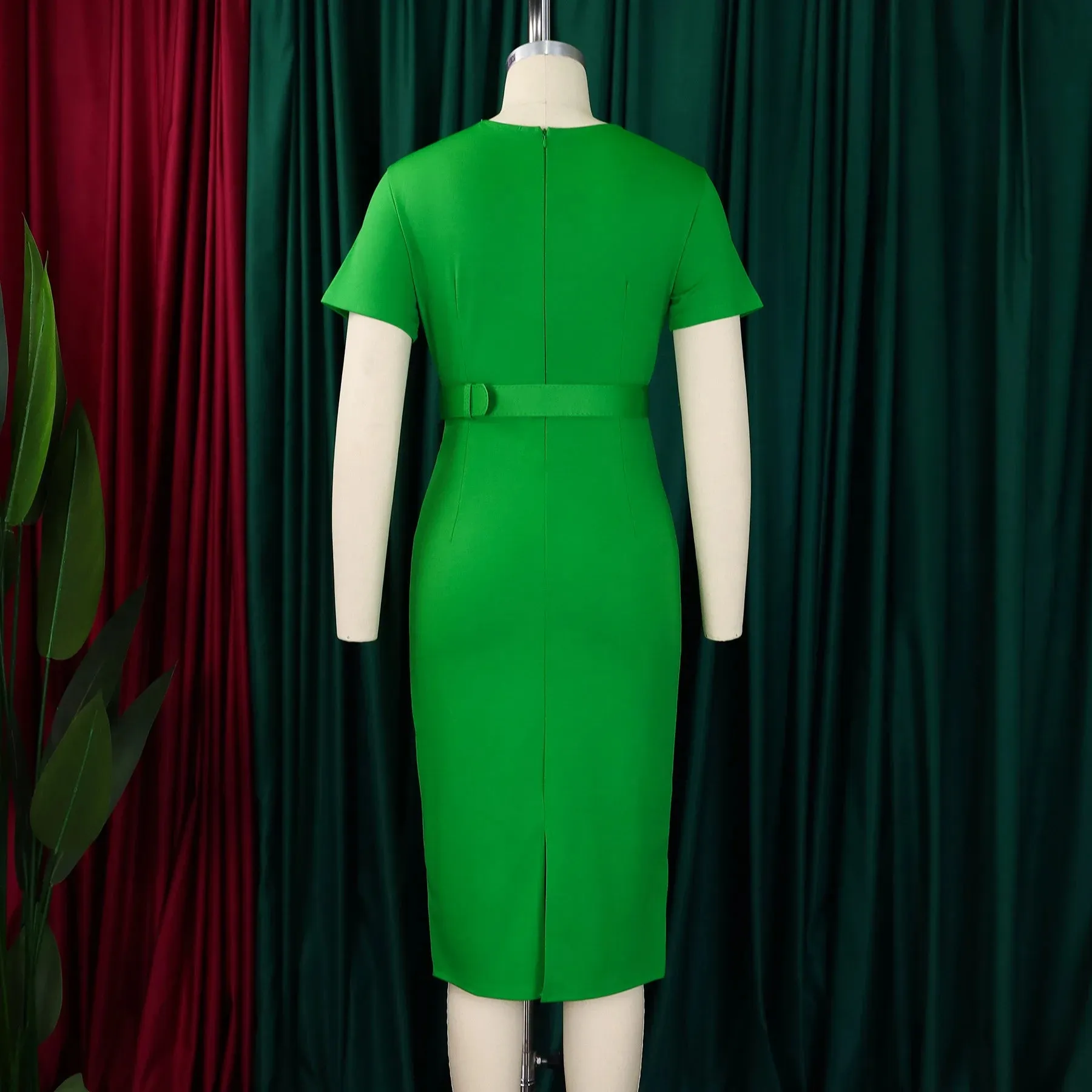 2024 summer new short sleeve V-neck waist solid color Tunle pencil skirt dress
