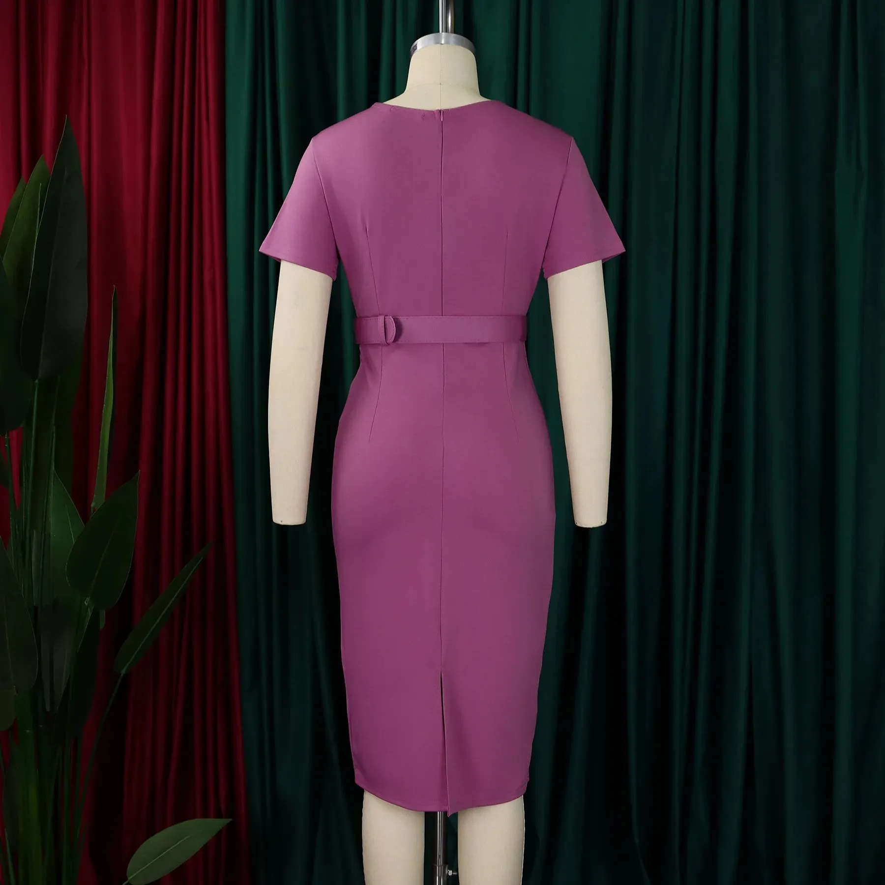 2024 summer new short sleeve V-neck waist solid color Tunle pencil skirt dress