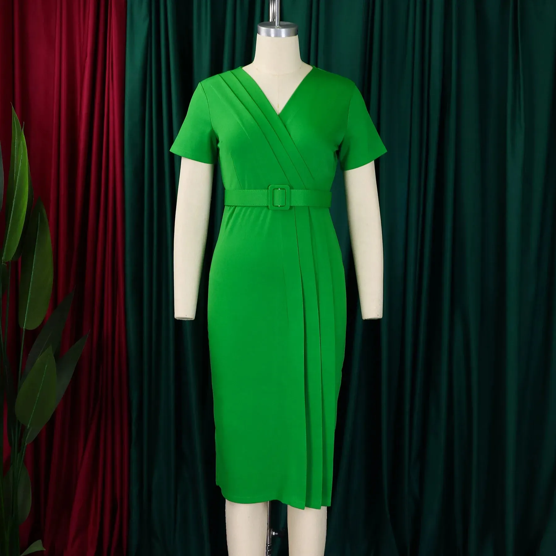 2024 summer new short sleeve V-neck waist solid color Tunle pencil skirt dress