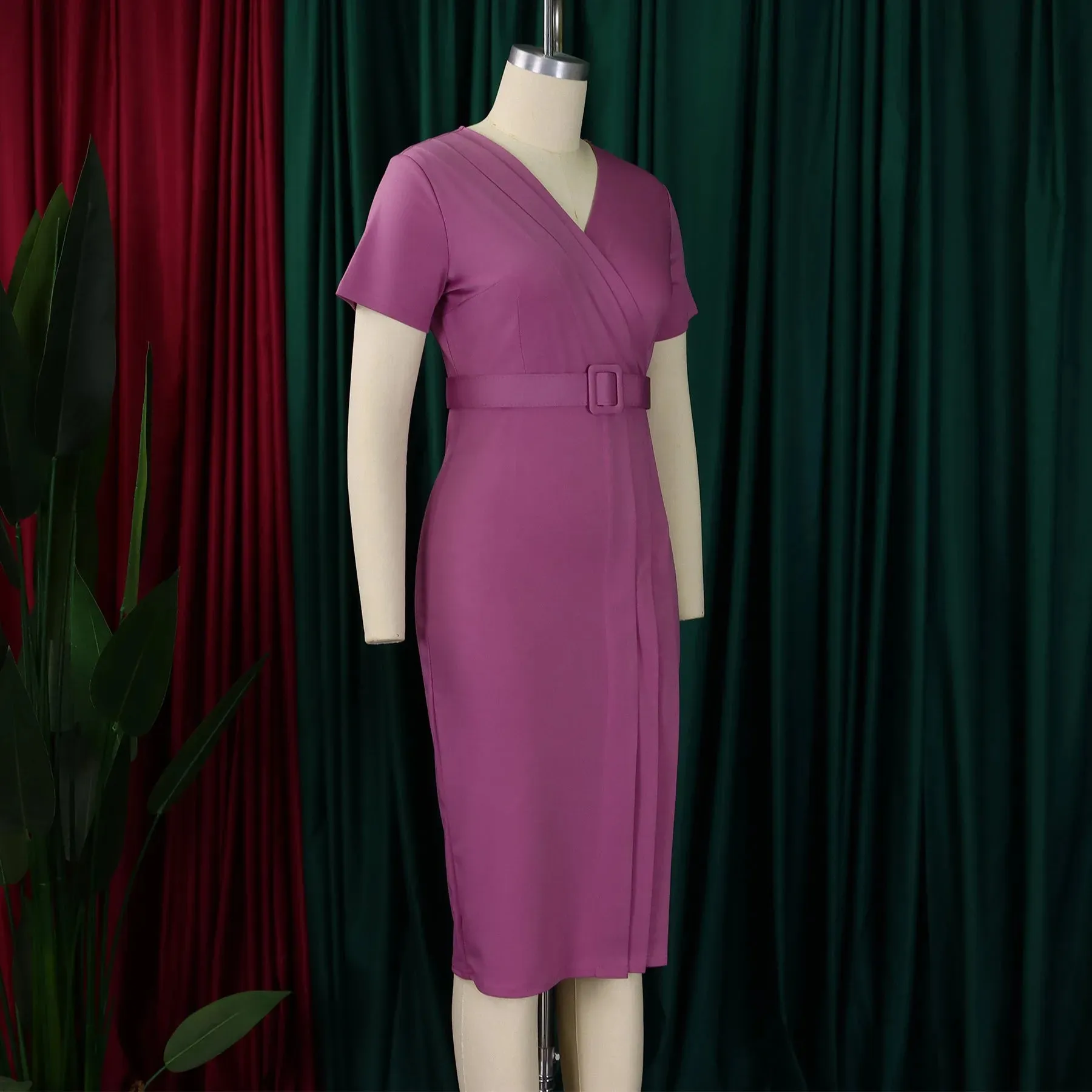 2024 summer new short sleeve V-neck waist solid color Tunle pencil skirt dress