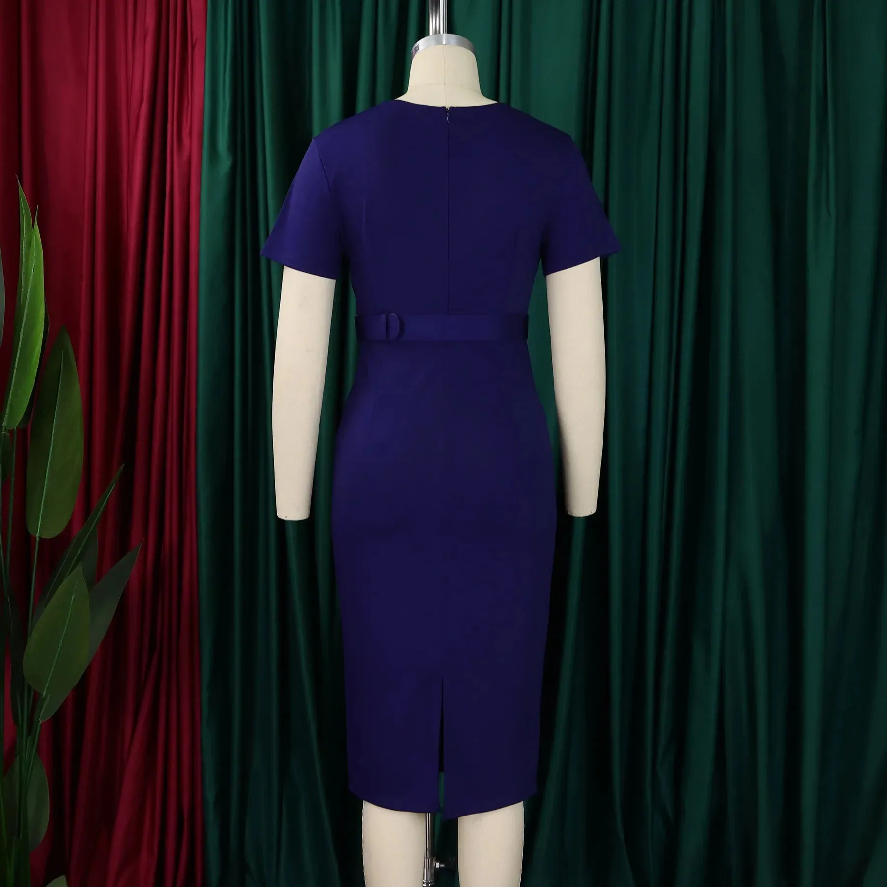 2024 summer new short sleeve V-neck waist solid color Tunle pencil skirt dress