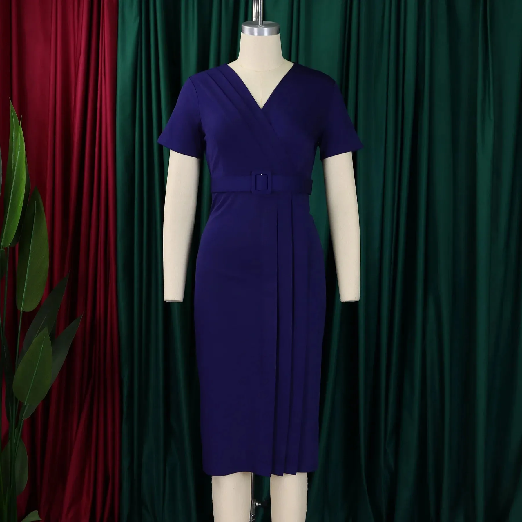 2024 summer new short sleeve V-neck waist solid color Tunle pencil skirt dress