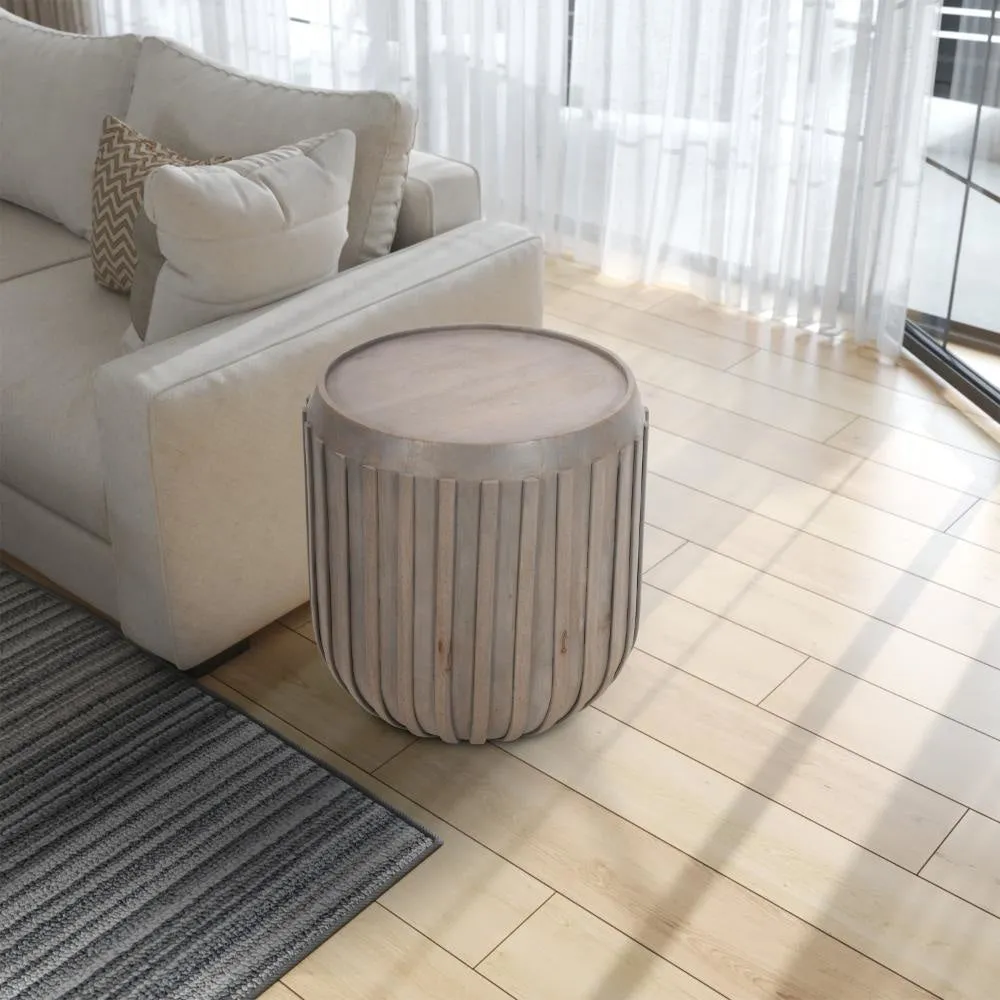 Alisha 25 Inch Side End Table, Handcrafted Mango Wood Drum Shape with Ribbed Edges, Gray The Urban Port