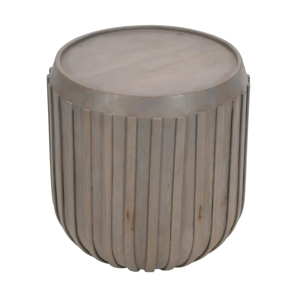 Alisha 25 Inch Side End Table, Handcrafted Mango Wood Drum Shape with Ribbed Edges, Gray The Urban Port