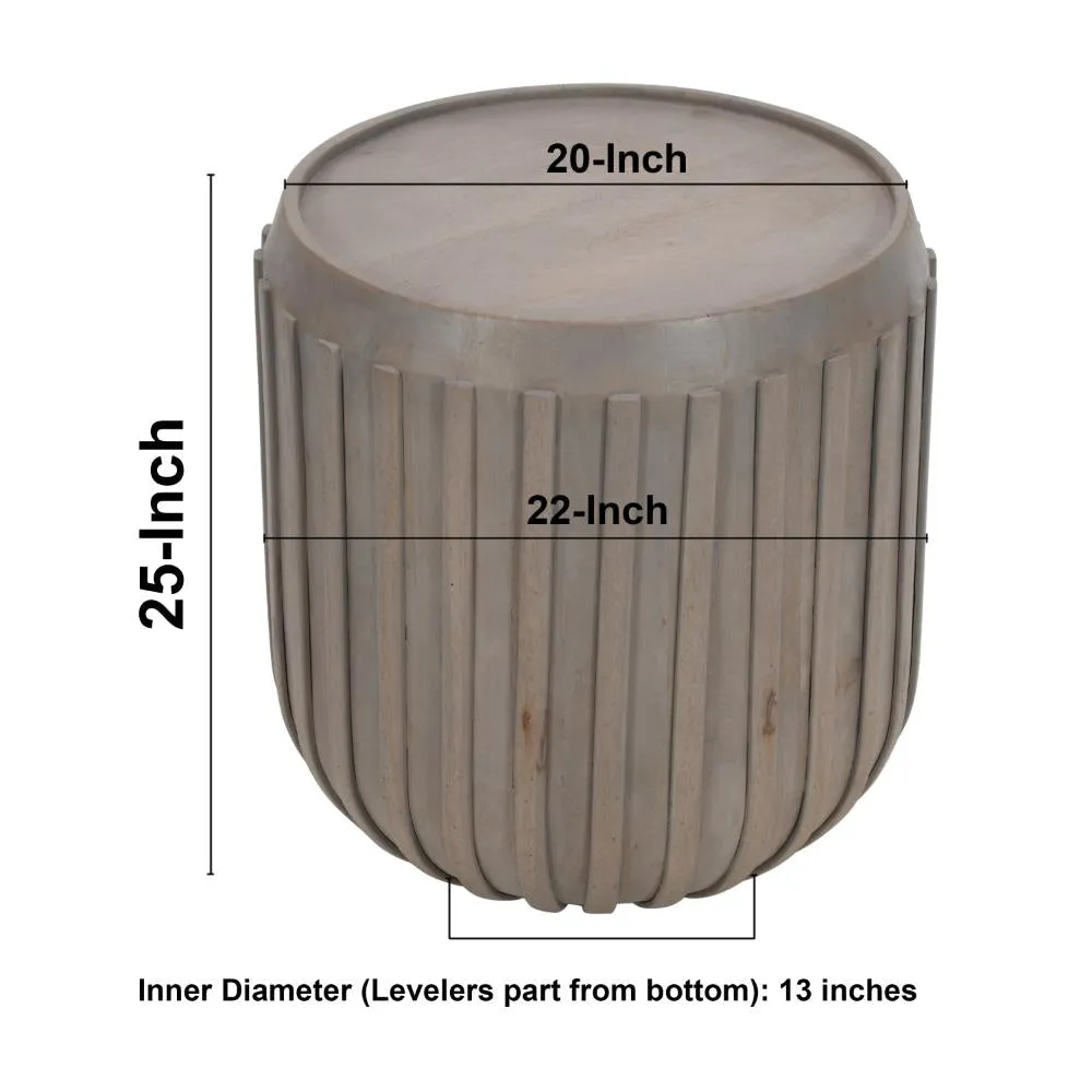Alisha 25 Inch Side End Table, Handcrafted Mango Wood Drum Shape with Ribbed Edges, Gray The Urban Port