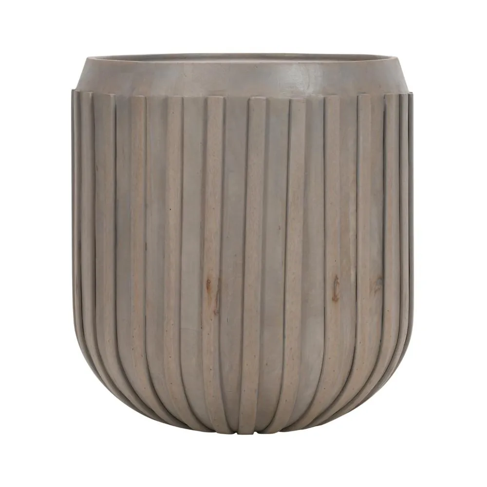 Alisha 25 Inch Side End Table, Handcrafted Mango Wood Drum Shape with Ribbed Edges, Gray The Urban Port