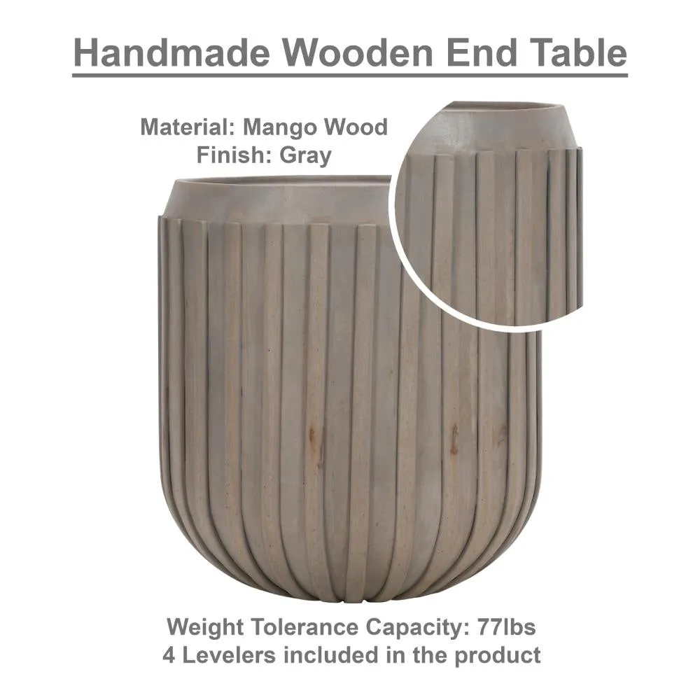 Alisha 25 Inch Side End Table, Handcrafted Mango Wood Drum Shape with Ribbed Edges, Gray The Urban Port