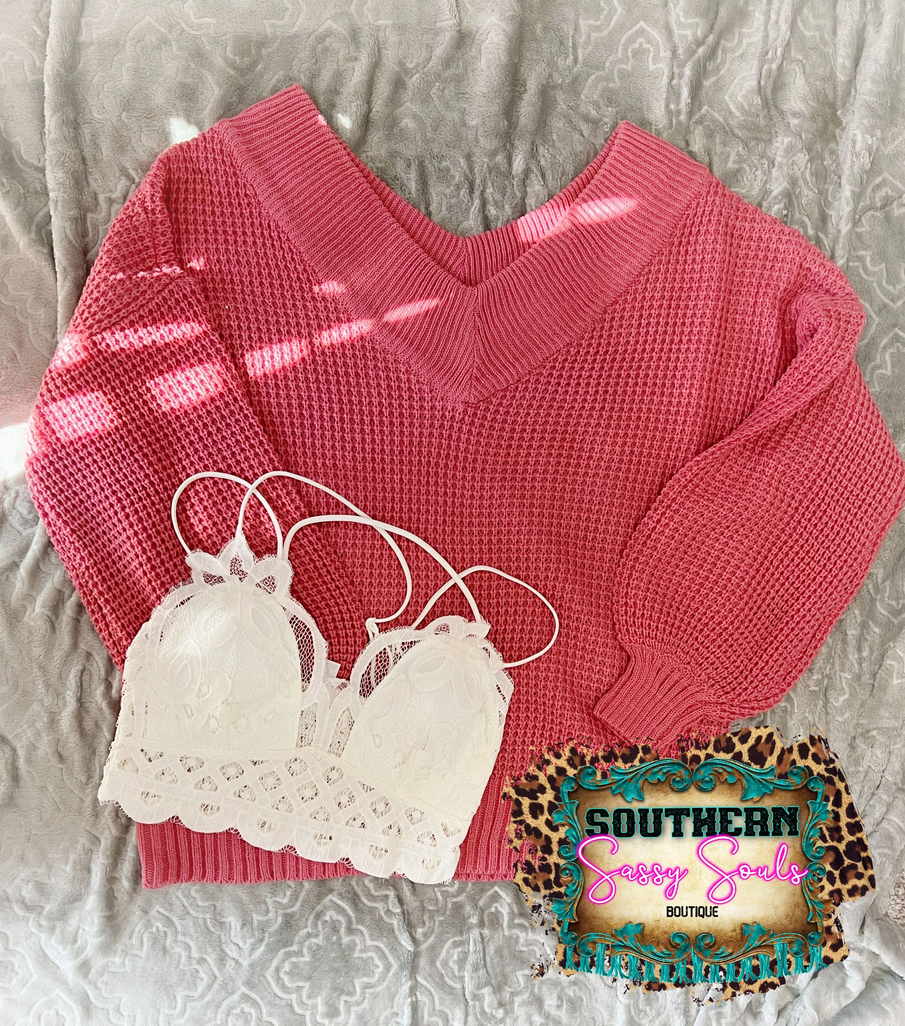 BALLOON SLEEVE WIDE DOUBLE V-NECK WAFFLE SWEATER