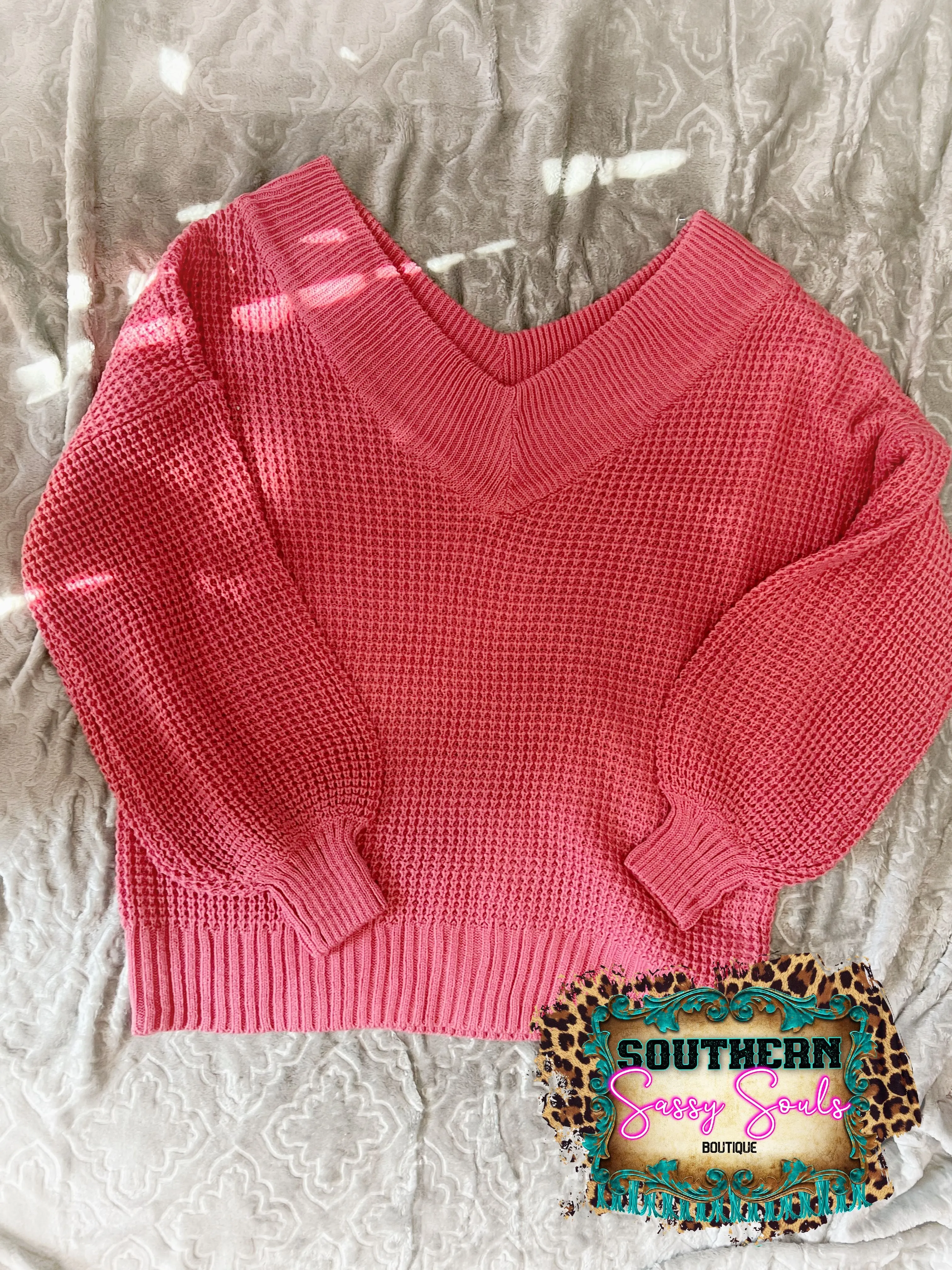 BALLOON SLEEVE WIDE DOUBLE V-NECK WAFFLE SWEATER