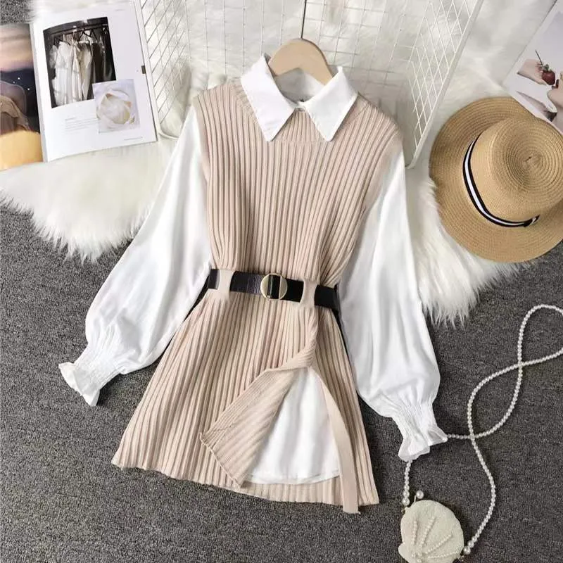 Bjlxn 2023 Autumn Two 2 Piece Knitted Vest Set Women Long Sleeve Shirt Solid Vintage Sleeveless College Style Waistband Sweater Tops
