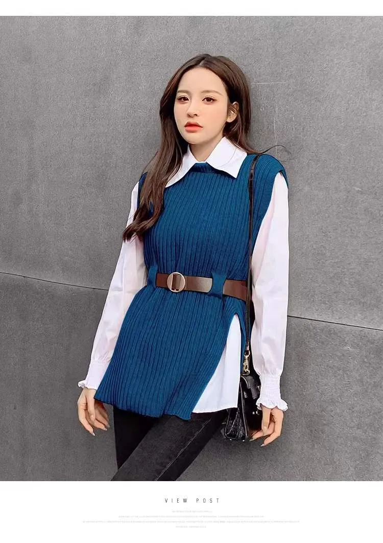 Bjlxn 2023 Autumn Two 2 Piece Knitted Vest Set Women Long Sleeve Shirt Solid Vintage Sleeveless College Style Waistband Sweater Tops