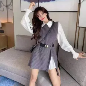 Bjlxn 2023 Autumn Two 2 Piece Knitted Vest Set Women Long Sleeve Shirt Solid Vintage Sleeveless College Style Waistband Sweater Tops