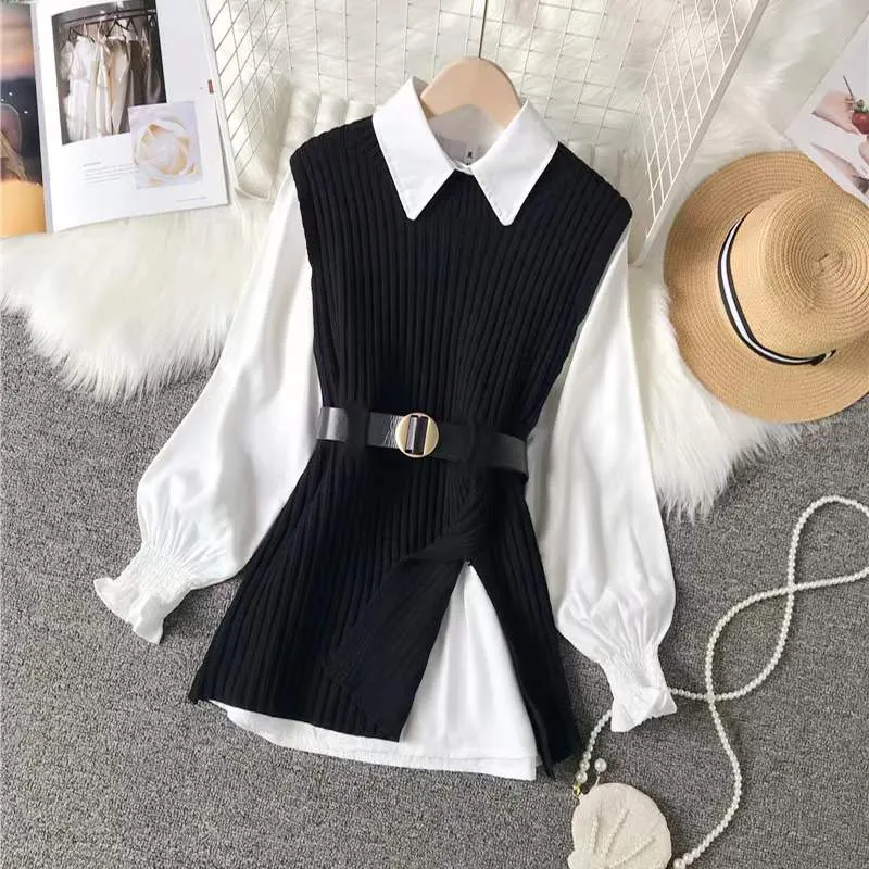 Bjlxn 2023 Autumn Two 2 Piece Knitted Vest Set Women Long Sleeve Shirt Solid Vintage Sleeveless College Style Waistband Sweater Tops
