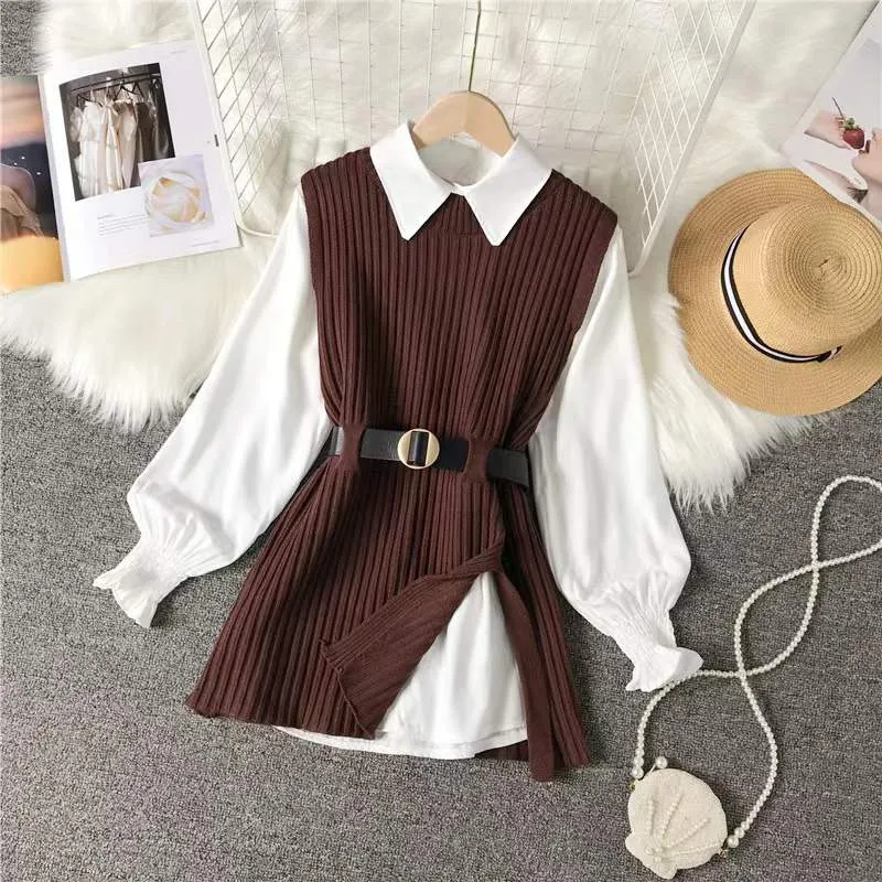 Bjlxn 2023 Autumn Two 2 Piece Knitted Vest Set Women Long Sleeve Shirt Solid Vintage Sleeveless College Style Waistband Sweater Tops