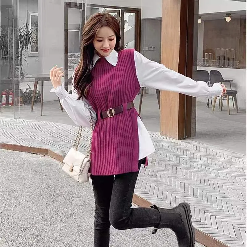 Bjlxn 2023 Autumn Two 2 Piece Knitted Vest Set Women Long Sleeve Shirt Solid Vintage Sleeveless College Style Waistband Sweater Tops