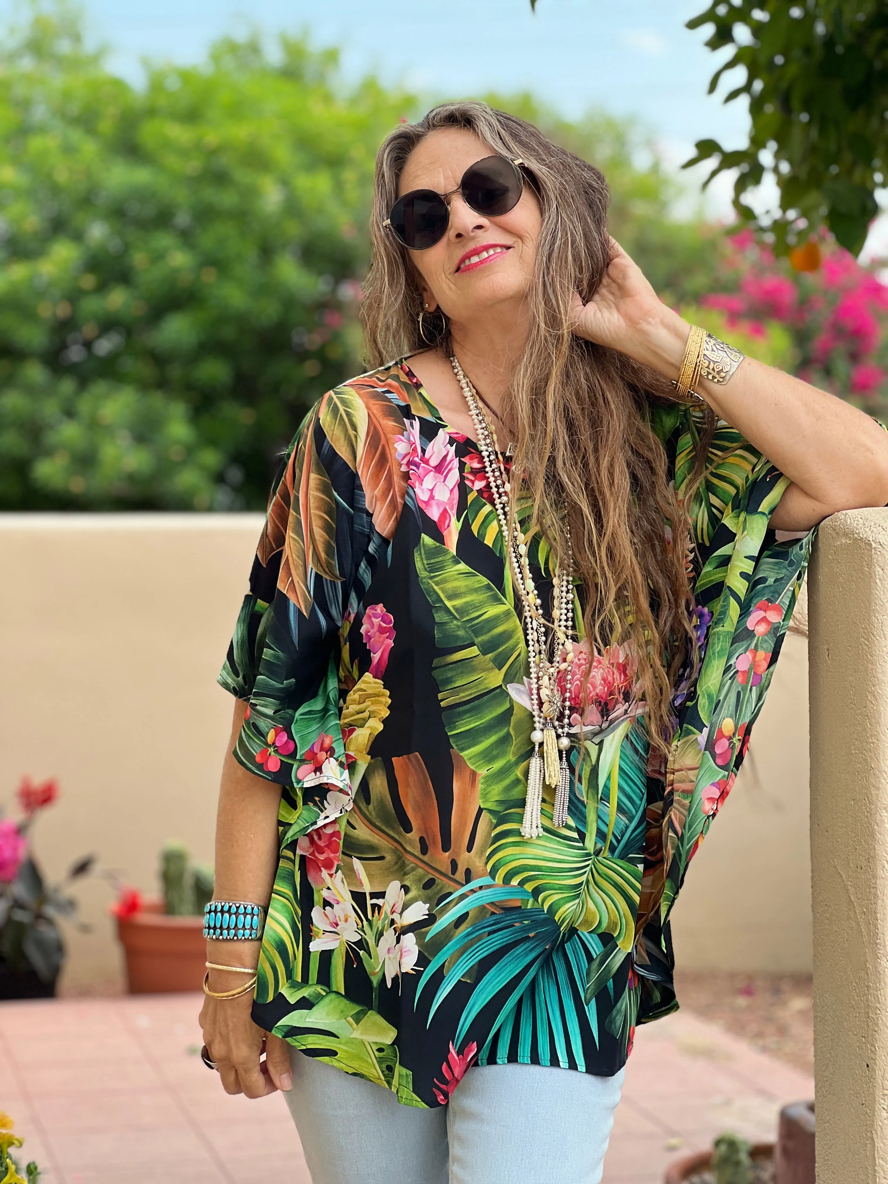 Black Botanica Italian Silk Poncho