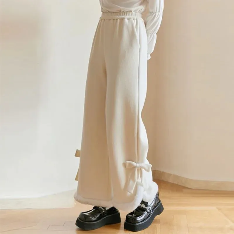 Bonnyshow Japanese Kawaii Corduroy Fleece Warm Women's Pants Winter Bow Harajuku Cute Preppy Korean Fashion Black Straight Trousers