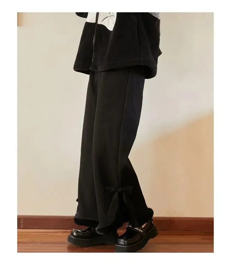 Bonnyshow Japanese Kawaii Corduroy Fleece Warm Women's Pants Winter Bow Harajuku Cute Preppy Korean Fashion Black Straight Trousers