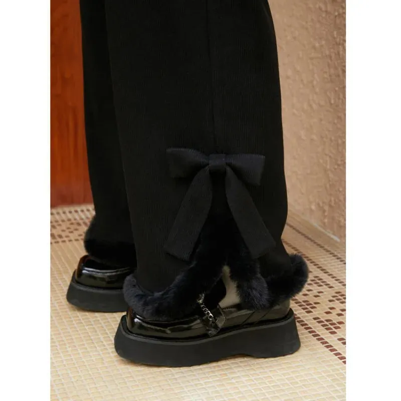 Bonnyshow Japanese Kawaii Corduroy Fleece Warm Women's Pants Winter Bow Harajuku Cute Preppy Korean Fashion Black Straight Trousers