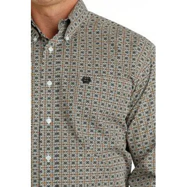 Cinch Men's Geometric Print Long Sleeve Shirt - White/Gold