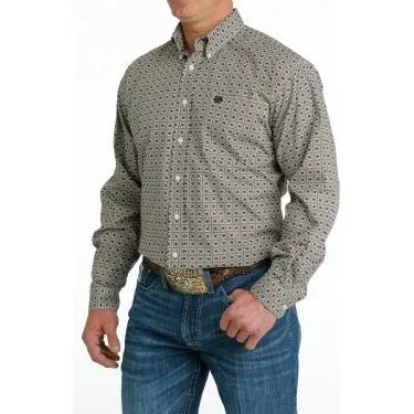 Cinch Men's Geometric Print Long Sleeve Shirt - White/Gold