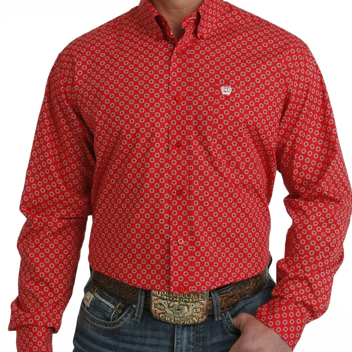 Cinch Men's L/S Classic Fit Medallion Western Button Down Shirt in Red
