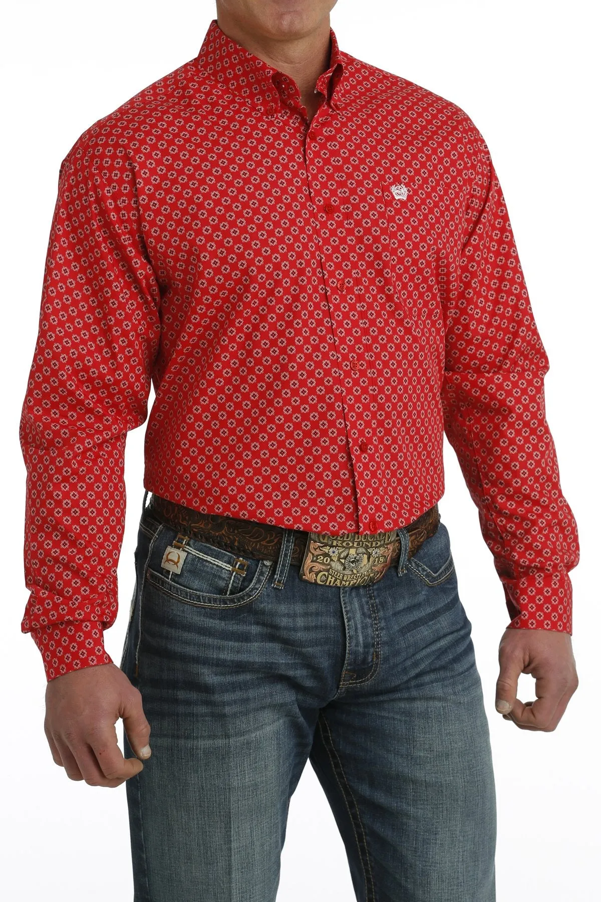 Cinch Men's L/S Classic Fit Medallion Western Button Down Shirt in Red