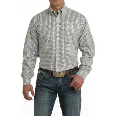 CINCH MEN'S STRETCH GEOMETRIC PRINT BUTTON-DOWN WESTERN SHIRT - WHITE / BROWN / LIGHT BLUE
