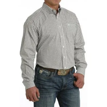 CINCH MEN'S STRETCH GEOMETRIC PRINT BUTTON-DOWN WESTERN SHIRT - WHITE / BROWN / LIGHT BLUE