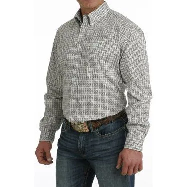 CINCH MEN'S STRETCH GEOMETRIC PRINT BUTTON-DOWN WESTERN SHIRT - WHITE / BROWN / LIGHT BLUE