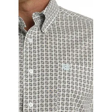 CINCH MEN'S STRETCH GEOMETRIC PRINT BUTTON-DOWN WESTERN SHIRT - WHITE / BROWN / LIGHT BLUE