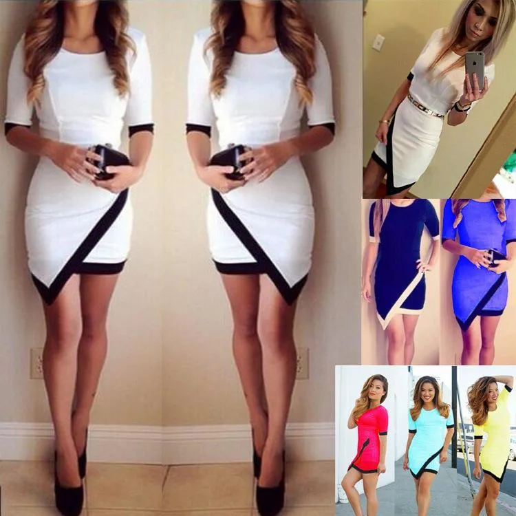 Clearance Asymmetric Patchwork Half Sleeve Bodycon Pencil Short Dress