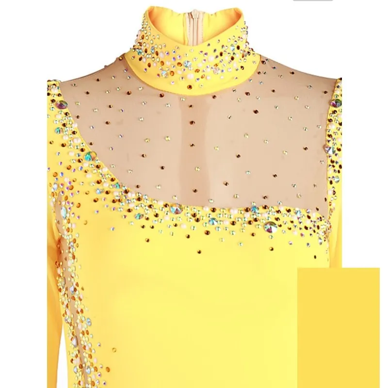 Competition Figure Skating Dress Yellow Long Sleeves & Available in 10 Colors