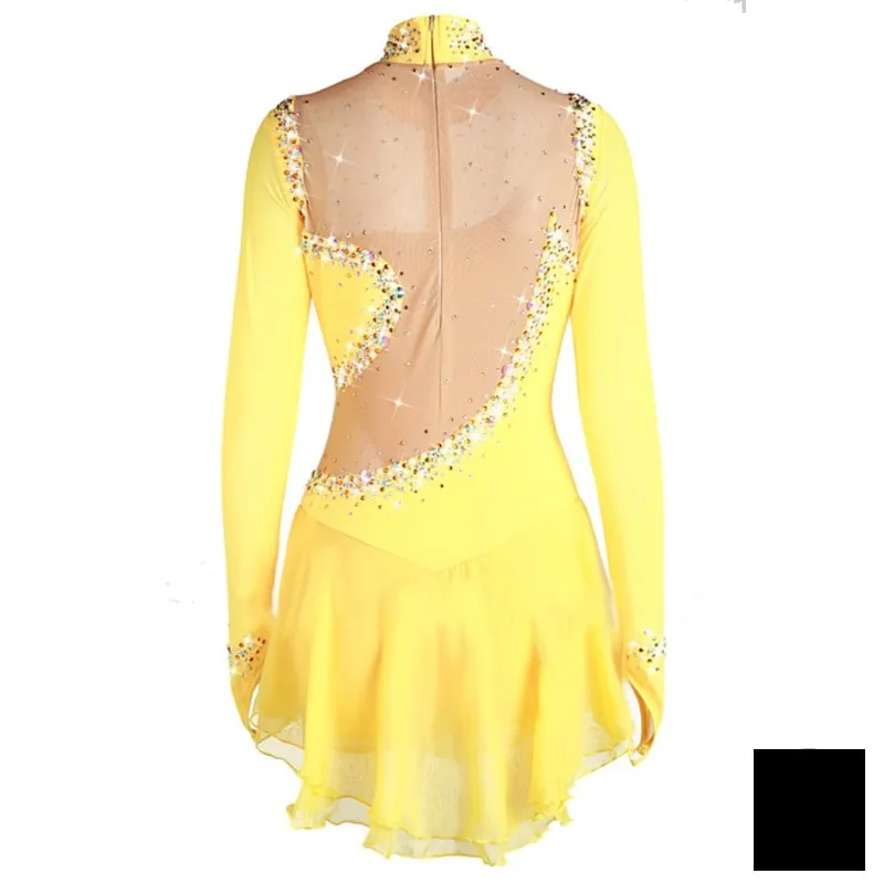 Competition Figure Skating Dress Yellow Long Sleeves & Available in 10 Colors