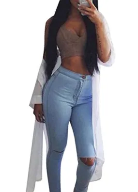 Creabygirls Women's Knee Ripped Hole High Waist Denim Jeans Pants(Medium)