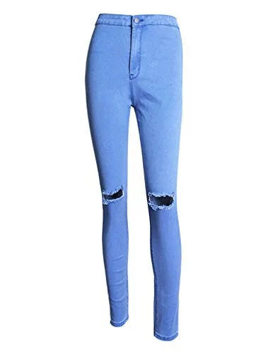 Creabygirls Women's Knee Ripped Hole High Waist Denim Jeans Pants(Medium)